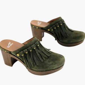 Dansko Women's Deni Olive Suede Fringe And Studded Mules